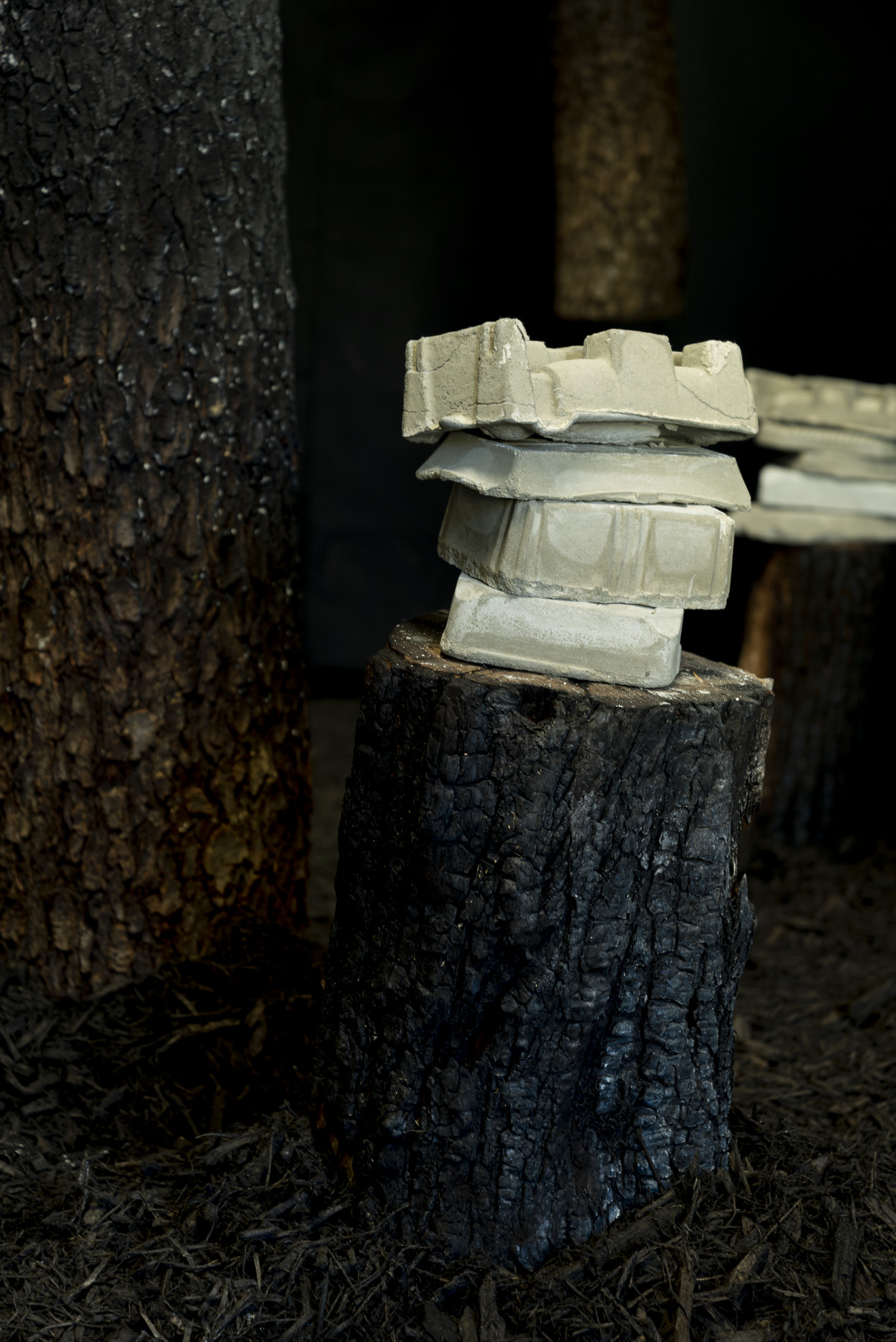 installation view: graffiti'd stumps in all black room with cast plastic objects on them