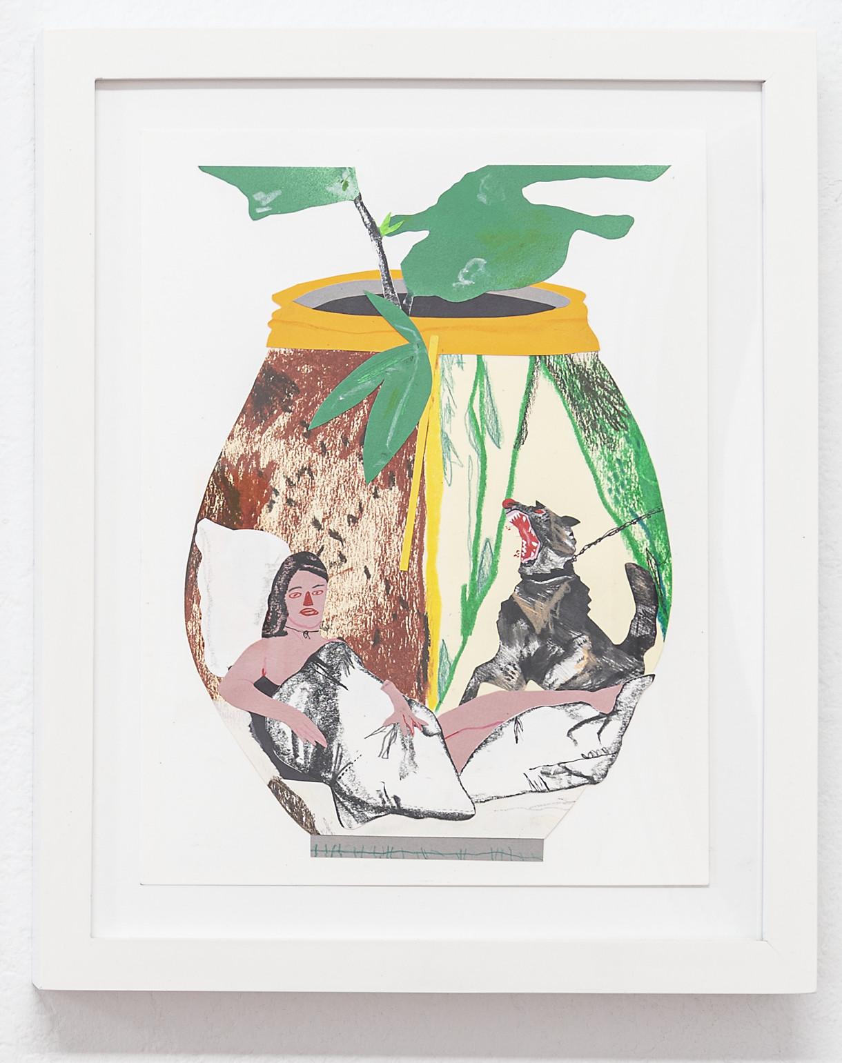 Indoor installation with white walls and wooden floor, small framed collages on the wall