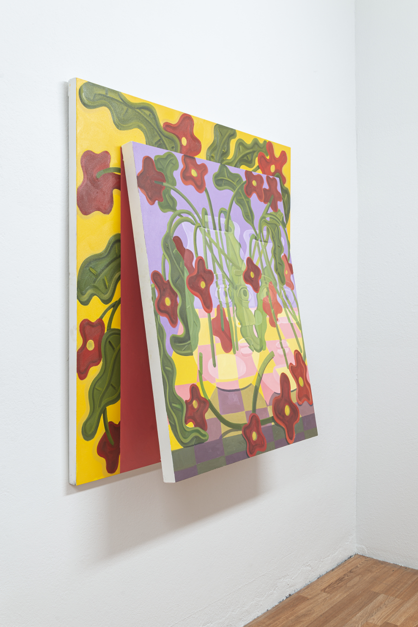 colorful checks leaves and vases with faces